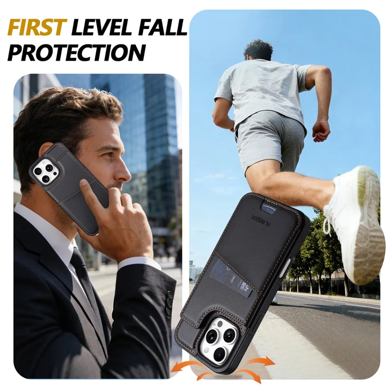 N.BEKUS P4  for iPhone 16 Pro Max Case Magnetic Buttons Leather + TPU Phone Cover with Card Holder Kickstand - Black