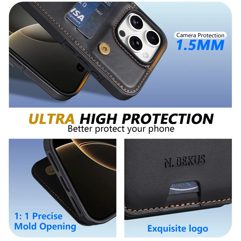 N.BEKUS P4  for iPhone 16 Pro Max Case Magnetic Buttons Leather + TPU Phone Cover with Card Holder Kickstand - Black