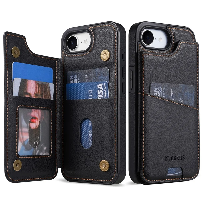 N.BEKUS P4 per iPhone 16e / 17e Custodia con Pulsanti Magnetici in Pelle + Cover in TPU con Porta Tessere e Supporto - Nero