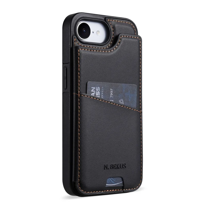 N.BEKUS P4 per iPhone 16e / 17e Custodia con Pulsanti Magnetici in Pelle + Cover in TPU con Porta Tessere e Supporto - Nero