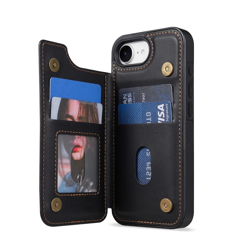 N.BEKUS P4 per iPhone 16e / 17e Custodia con Pulsanti Magnetici in Pelle + Cover in TPU con Porta Tessere e Supporto - Nero