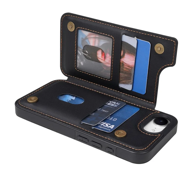 N.BEKUS P4 per iPhone 16e / 17e Custodia con Pulsanti Magnetici in Pelle + Cover in TPU con Porta Tessere e Supporto - Nero
