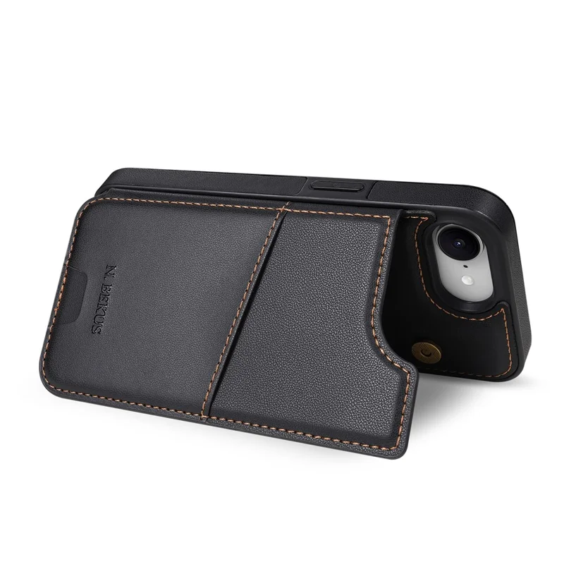 N.BEKUS P4 per iPhone 16e / 17e Custodia con Pulsanti Magnetici in Pelle + Cover in TPU con Porta Tessere e Supporto - Nero