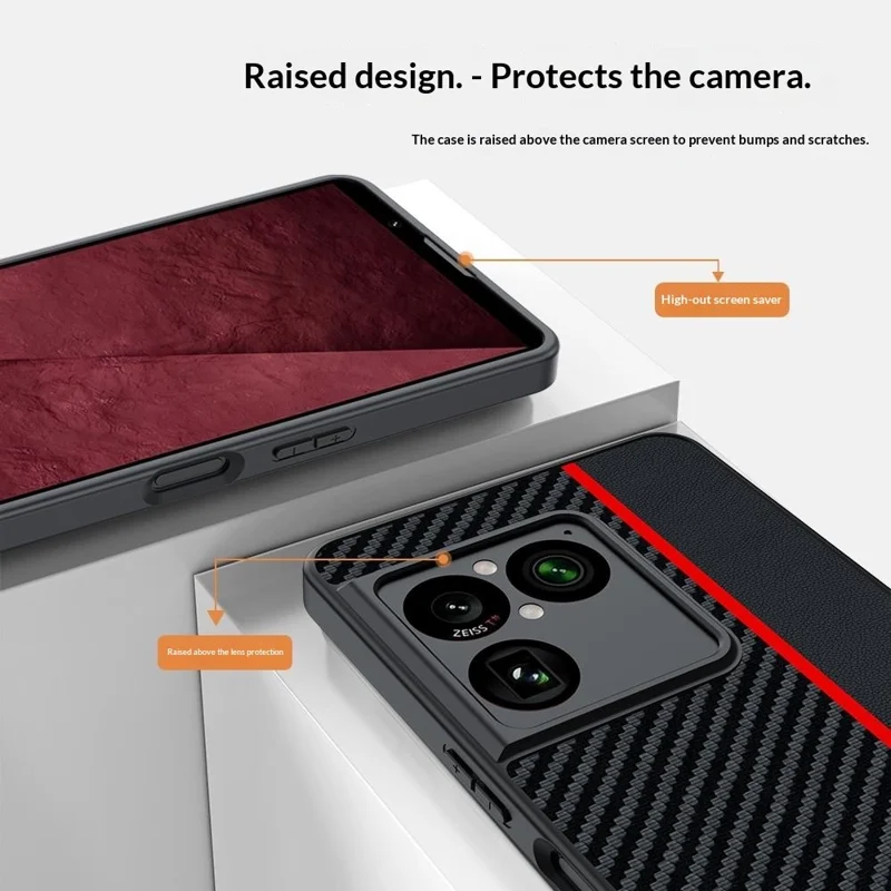 For Sony Xperia 1 VIII Case Leather + PC Hard Phone Cover Carbon Fiber Texture - Black / Red
