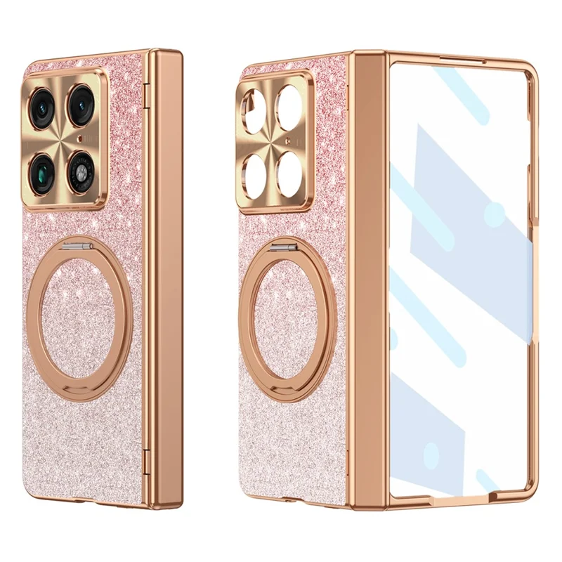For Motorola Razr Fold 5G Magnetic Case Rotating Kickstand Glitter PU Leather + PC Phone Cover with Screen Protector - Pink