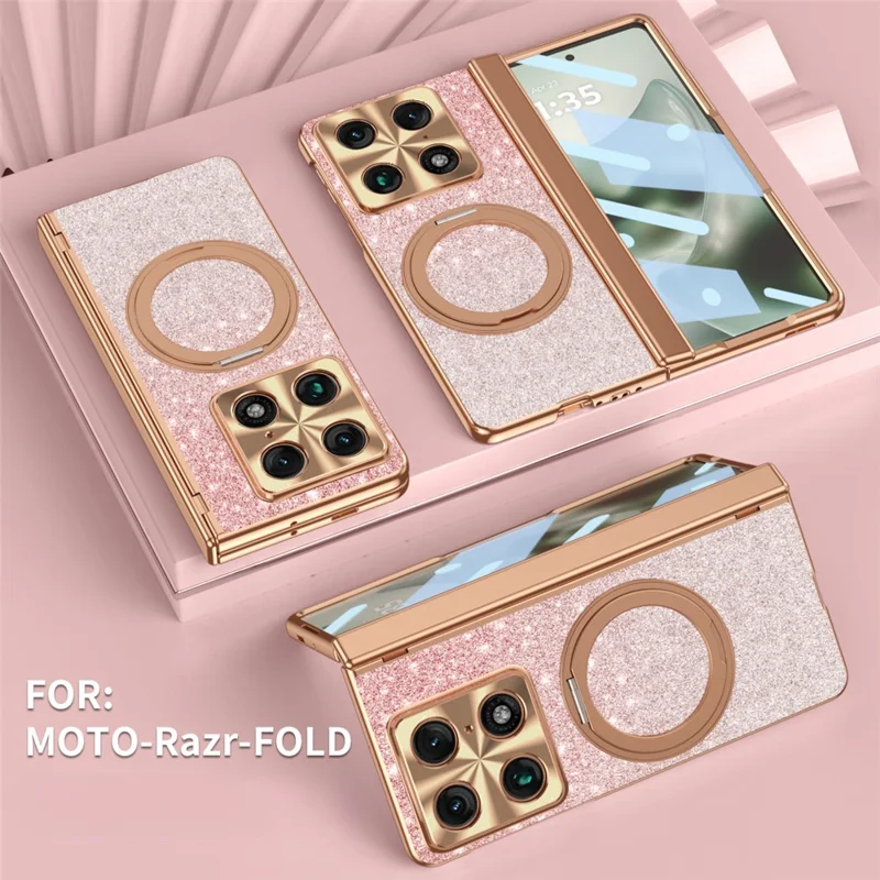 For Motorola Razr Fold 5G Magnetic Case Rotating Kickstand Glitter PU Leather + PC Phone Cover with Screen Protector - Pink