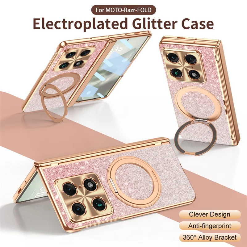 For Motorola Razr Fold 5G Magnetic Case Rotating Kickstand Glitter PU Leather + PC Phone Cover with Screen Protector - Pink