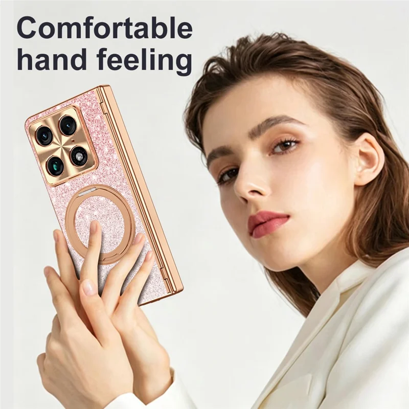 For Motorola Razr Fold 5G Magnetic Case Rotating Kickstand Glitter PU Leather + PC Phone Cover with Screen Protector - Pink