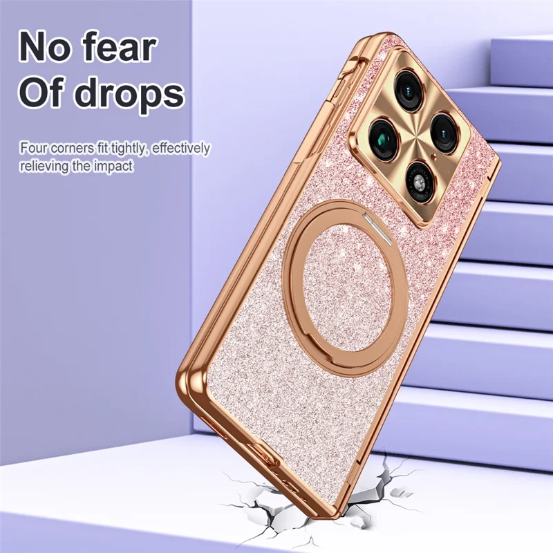 For Motorola Razr Fold 5G Magnetic Case Rotating Kickstand Glitter PU Leather + PC Phone Cover with Screen Protector - Pink