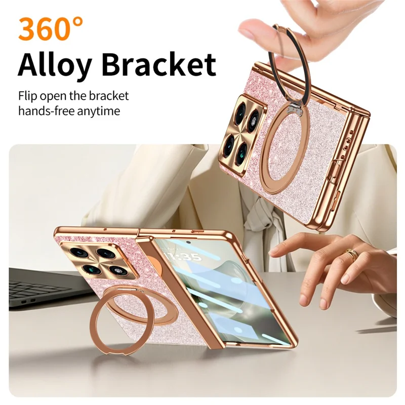 For Motorola Razr Fold 5G Magnetic Case Rotating Kickstand Glitter PU Leather + PC Phone Cover with Screen Protector - Pink