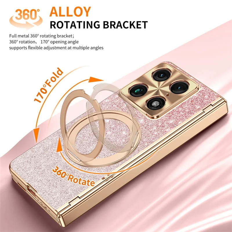 For Motorola Razr Fold 5G Magnetic Case Rotating Kickstand Glitter PU Leather + PC Phone Cover with Screen Protector - Pink