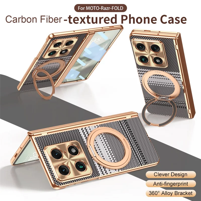 For Motorola Razr Fold 5G Case Rotating Kickstand Carbon Fiber Textured PC Phone Cover with Screen Protector - Black
