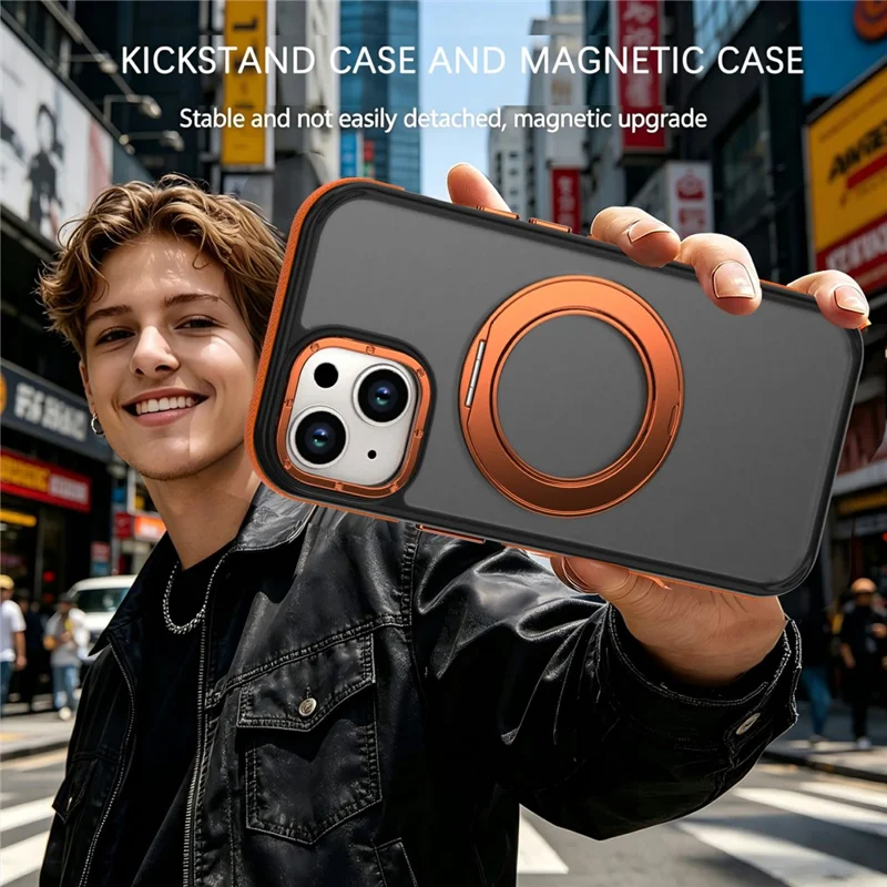 For iPhone 13  /  14 Magnetisk Hylse Dobbelt Farve Roterende Ring Stand PC + TPU Telefondækk - Orange