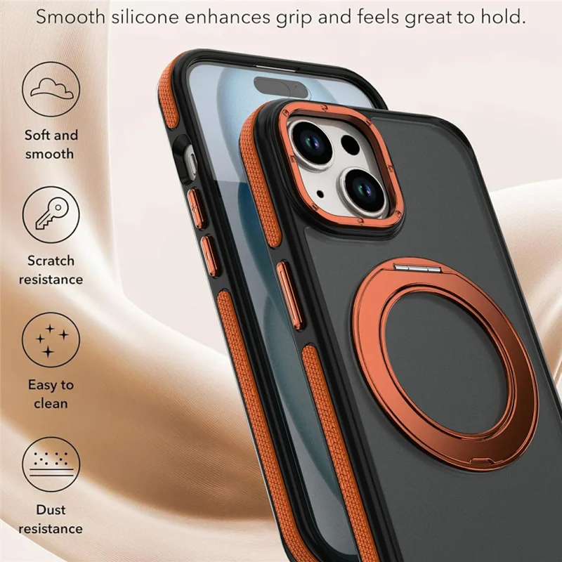 For iPhone 13  /  14 Magnetisk Hylse Dobbelt Farve Roterende Ring Stand PC + TPU Telefondækk - Orange