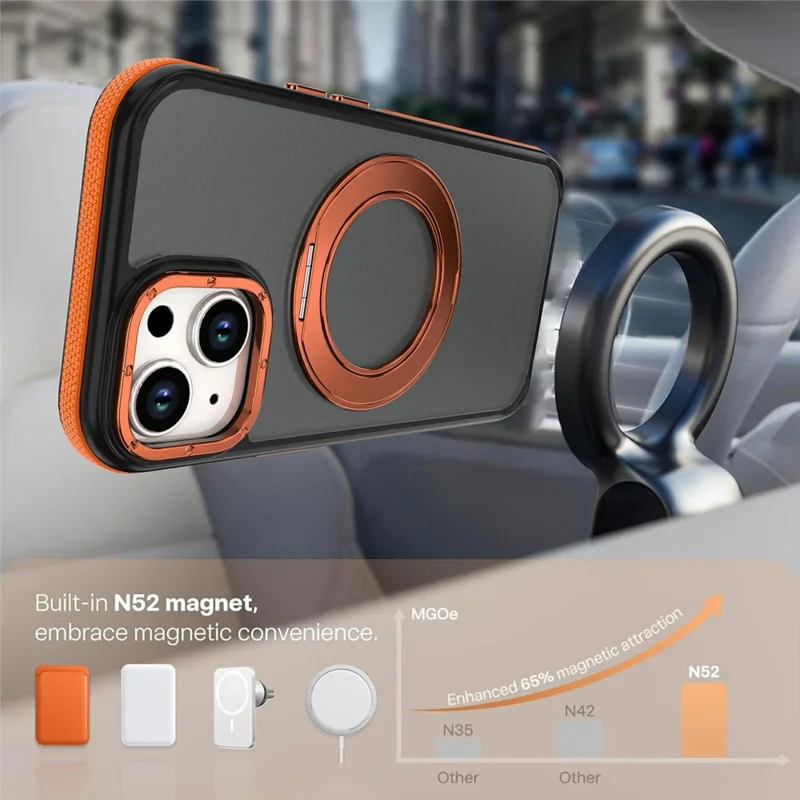 For iPhone 13  /  14 Magnetisk Hylse Dobbelt Farve Roterende Ring Stand PC + TPU Telefondækk - Orange