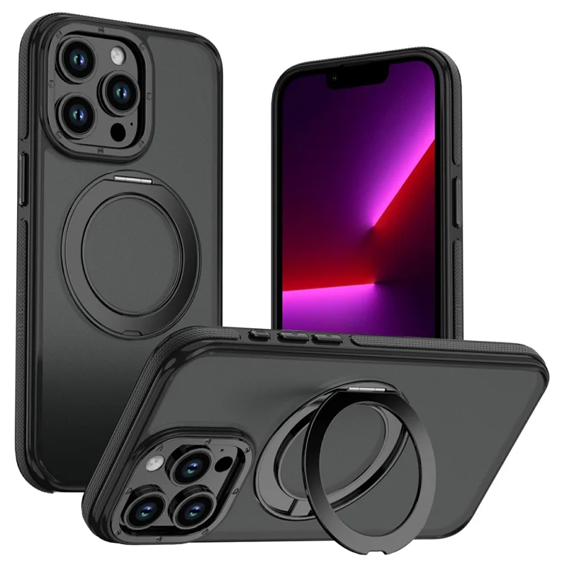 For iPhone 13 Pro Max Magnetic Case Double Color Rotating Ring Kickstand PC + TPU Phone Cover - Black