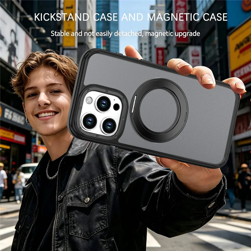 For iPhone 13 Pro Max Magnetic Case Double Color Rotating Ring Kickstand PC + TPU Phone Cover - Black