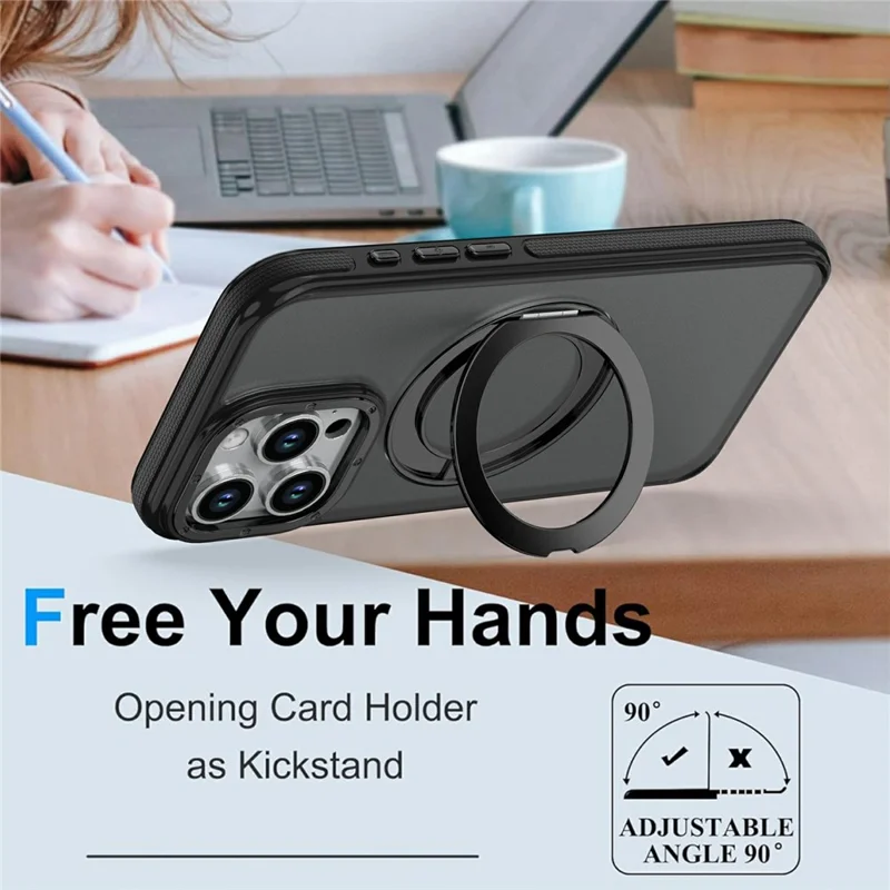 For iPhone 13 Pro Max Magnetic Case Double Color Rotating Ring Kickstand PC + TPU Phone Cover - Black