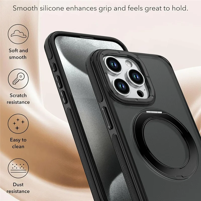 For iPhone 13 Pro Max Magnetic Case Double Color Rotating Ring Kickstand PC + TPU Phone Cover - Black