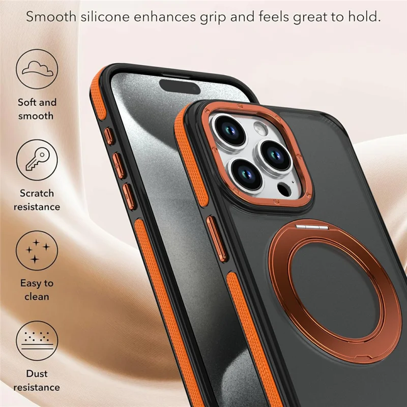 Магнитный чехол для iPhone 14 Pro двухцветный с поворотным кольцом-подставкой PC + TPU чехол-накладка — Оранжевый