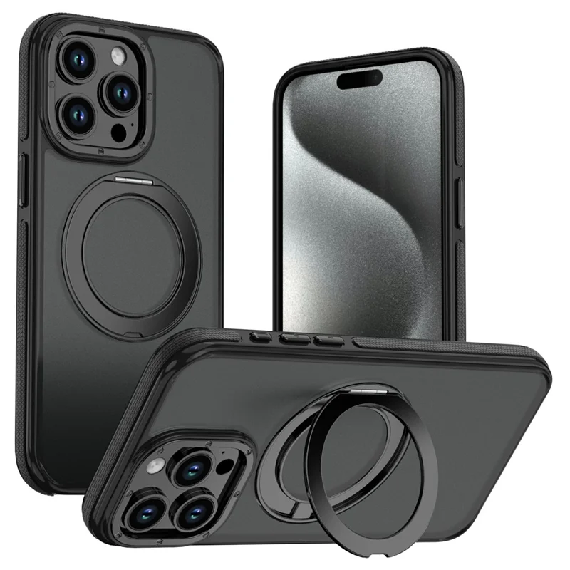 For iPhone 14 Pro Magnetic Case Double Color Rotating Ring Kickstand PC + TPU Phone Cover - Black