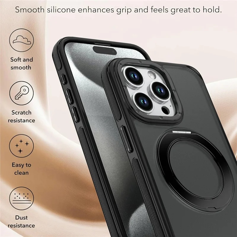 For iPhone 14 Pro Magnetic Case Double Color Rotating Ring Kickstand PC + TPU Phone Cover - Black