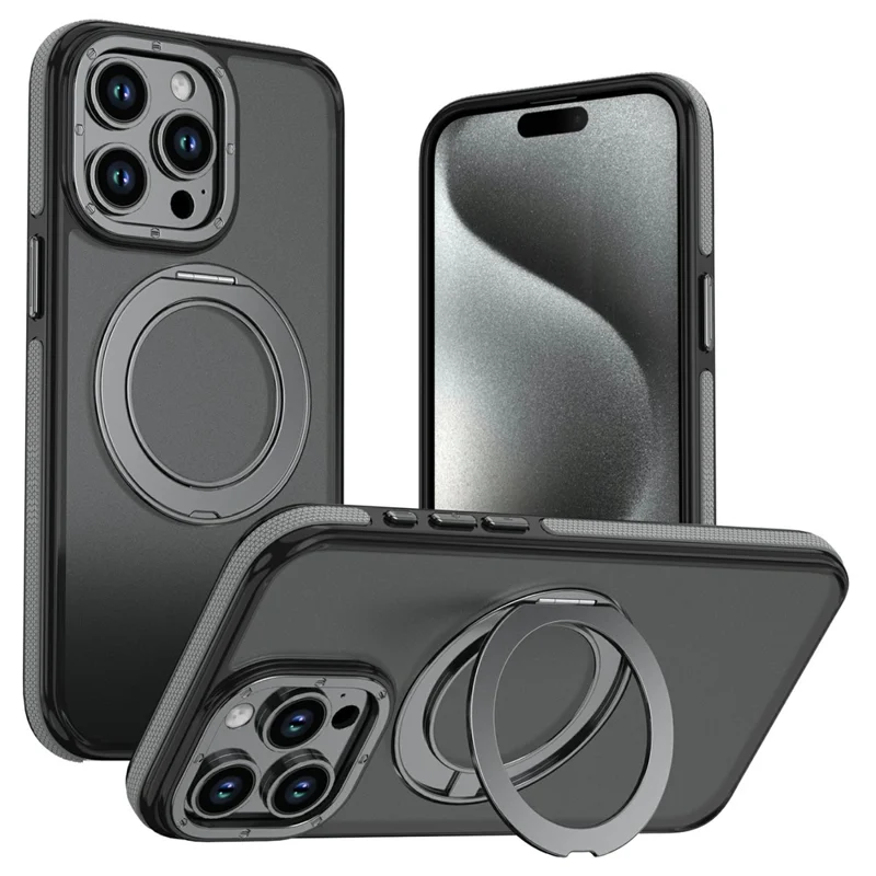 For iPhone 14 Pro Max Magnetic Case Double Color Rotating Ring Kickstand PC + TPU Phone Cover - Grey
