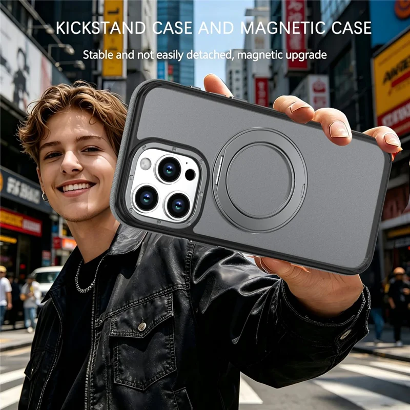 For iPhone 14 Pro Max Magnetic Case Double Color Rotating Ring Kickstand PC + TPU Phone Cover - Grey