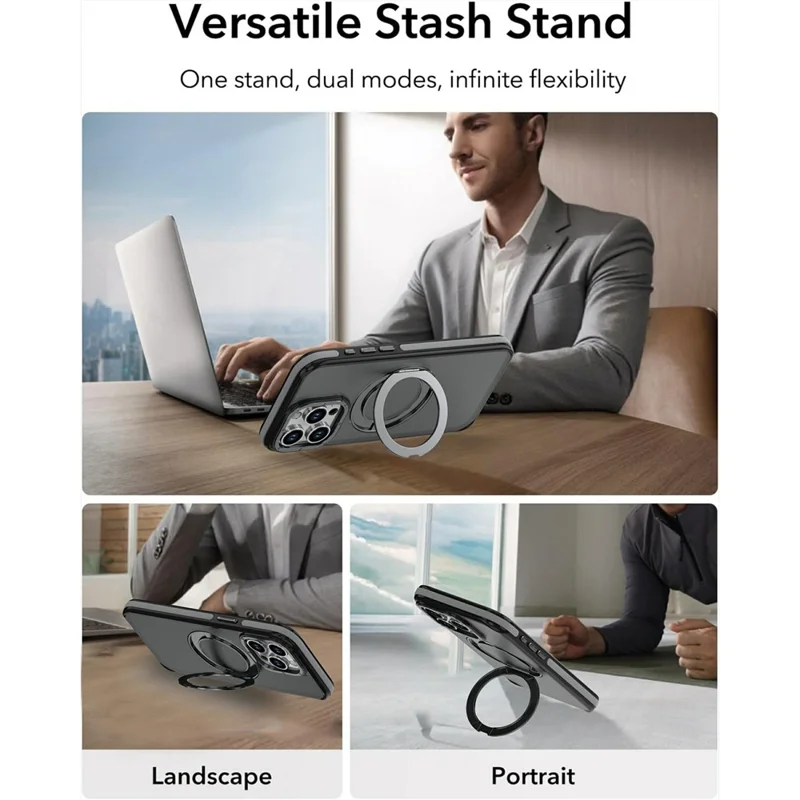 For iPhone 14 Pro Max Magnetic Case Double Color Rotating Ring Kickstand PC + TPU Phone Cover - Grey