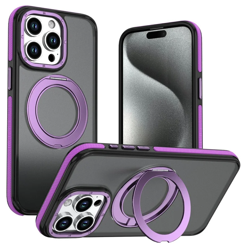 For iPhone 14 Pro Max Magnetic Case Double Color Rotating Ring Kickstand PC + TPU Phone Cover - Purple