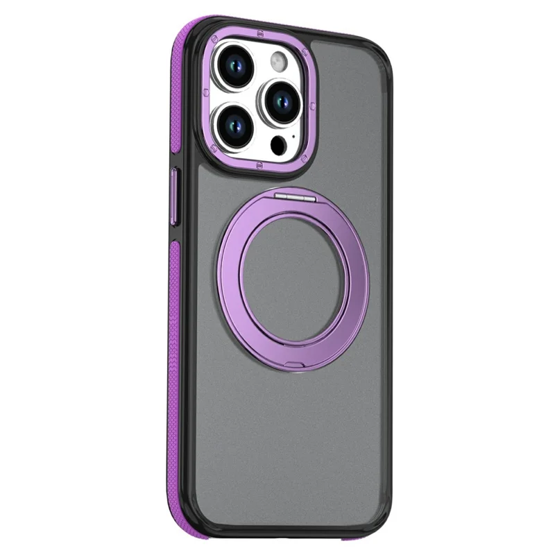 For iPhone 14 Pro Max Magnetic Case Double Color Rotating Ring Kickstand PC + TPU Phone Cover - Purple
