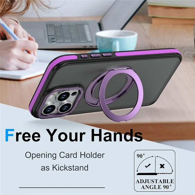 For iPhone 14 Pro Max Magnetic Case Double Color Rotating Ring Kickstand PC + TPU Phone Cover - Purple