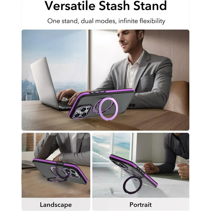 For iPhone 14 Pro Max Magnetic Case Double Color Rotating Ring Kickstand PC + TPU Phone Cover - Purple