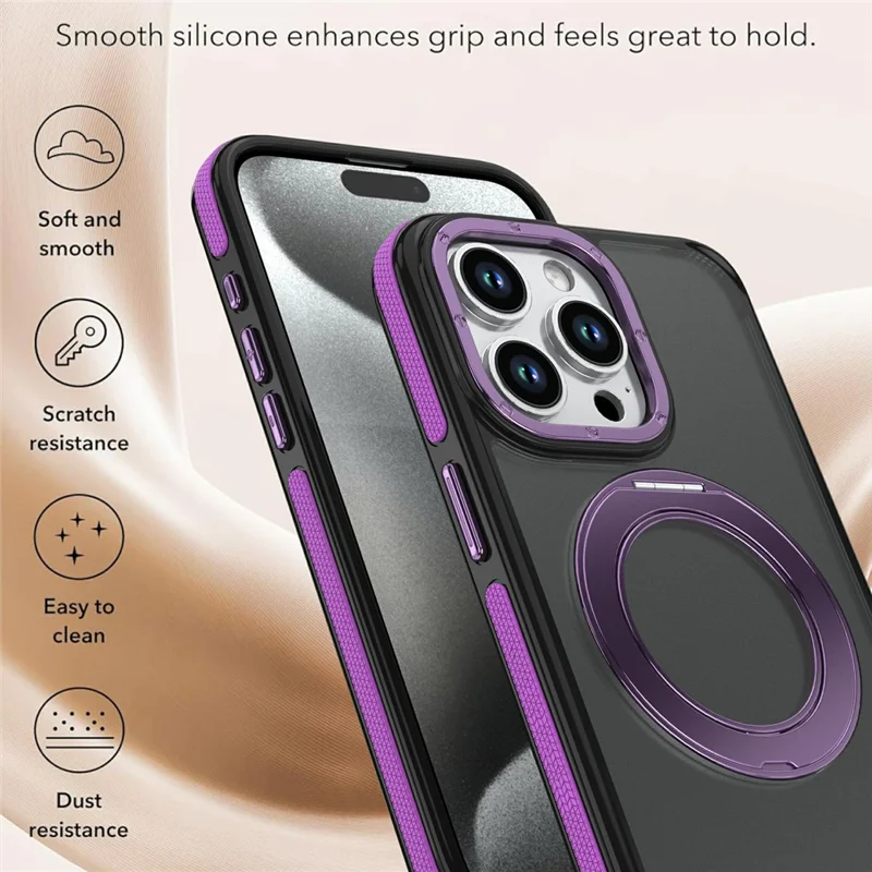 For iPhone 14 Pro Max Magnetic Case Double Color Rotating Ring Kickstand PC + TPU Phone Cover - Purple