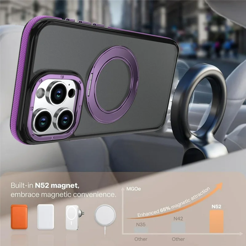 For iPhone 14 Pro Max Magnetic Case Double Color Rotating Ring Kickstand PC + TPU Phone Cover - Purple