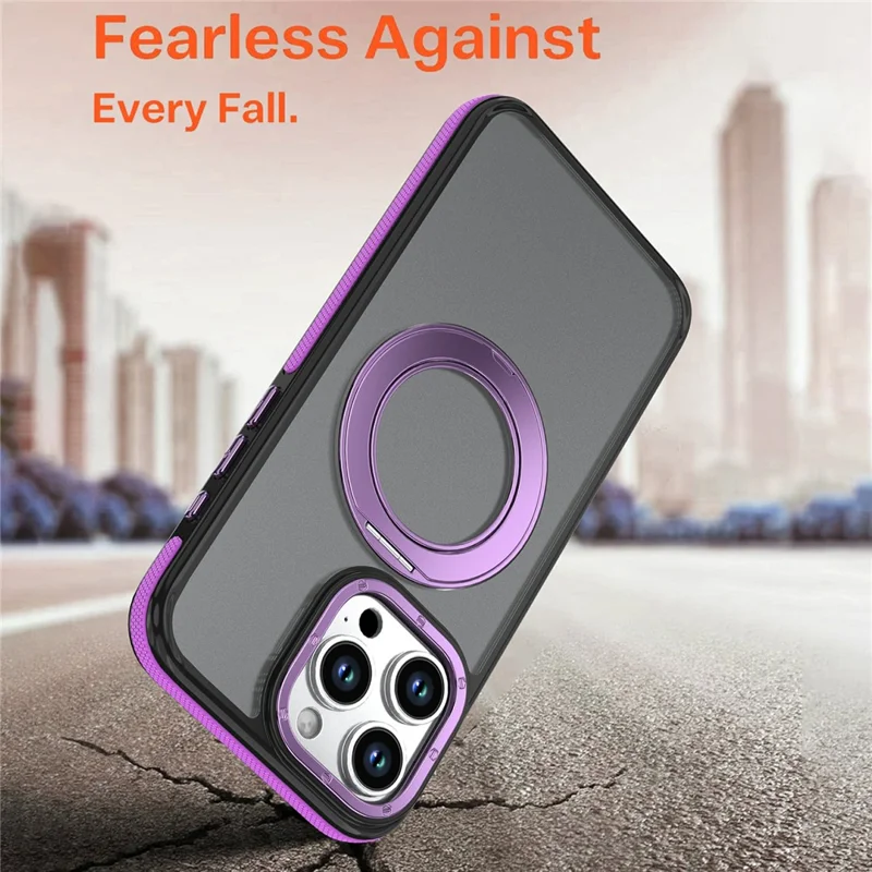 For iPhone 14 Pro Max Magnetic Case Double Color Rotating Ring Kickstand PC + TPU Phone Cover - Purple
