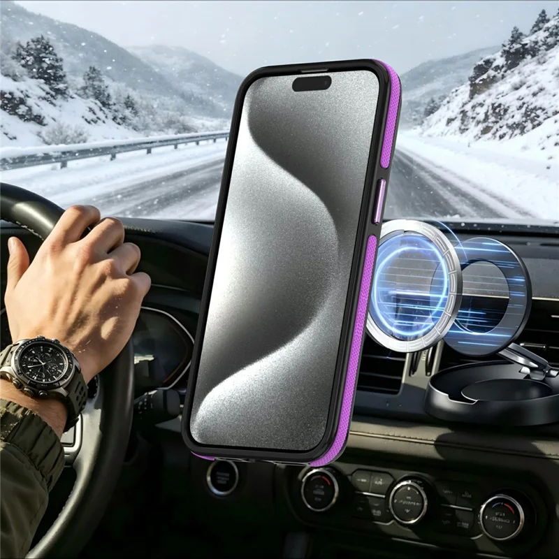 For iPhone 14 Pro Max Magnetic Case Double Color Rotating Ring Kickstand PC + TPU Phone Cover - Purple