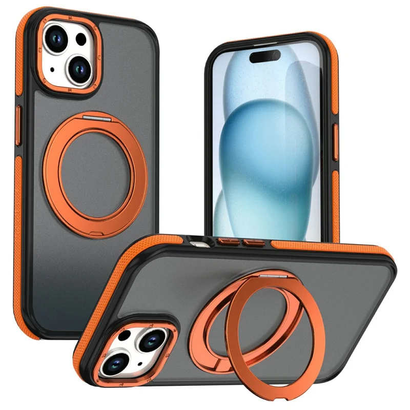 För iPhone 15 Magnetisk Skal Dubbel Färg Roterande Ring Fällbar Stativ PC + TPU Telefonhölje - Orange