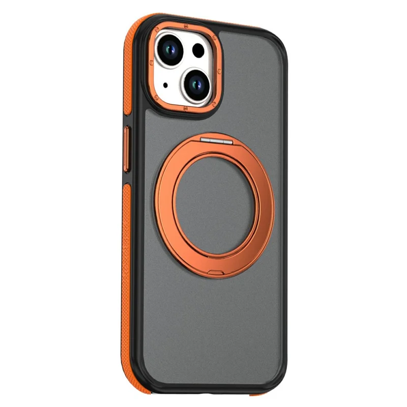 För iPhone 15 Magnetisk Skal Dubbel Färg Roterande Ring Fällbar Stativ PC + TPU Telefonhölje - Orange