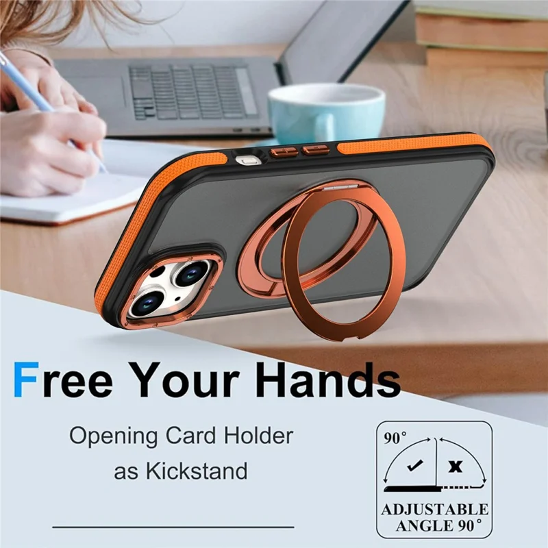 För iPhone 15 Magnetisk Skal Dubbel Färg Roterande Ring Fällbar Stativ PC + TPU Telefonhölje - Orange