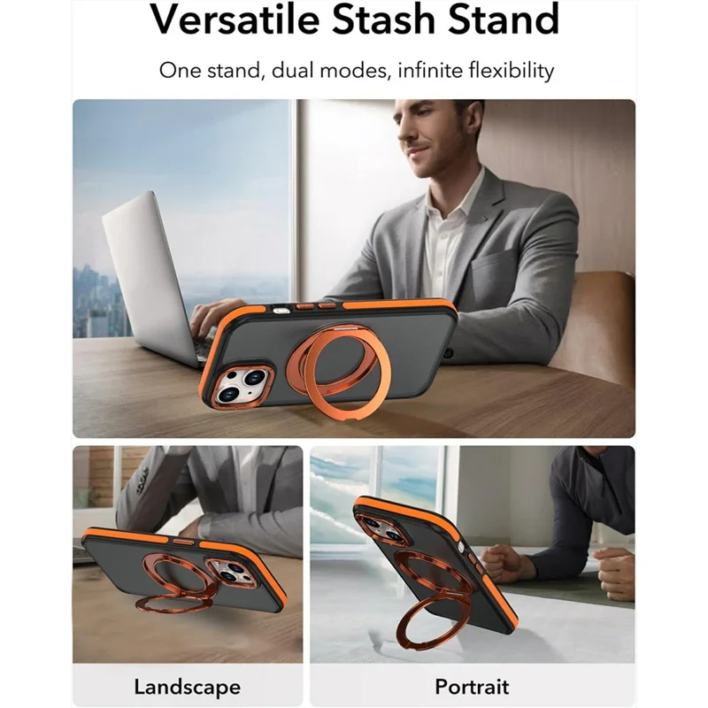 För iPhone 15 Magnetisk Skal Dubbel Färg Roterande Ring Fällbar Stativ PC + TPU Telefonhölje - Orange