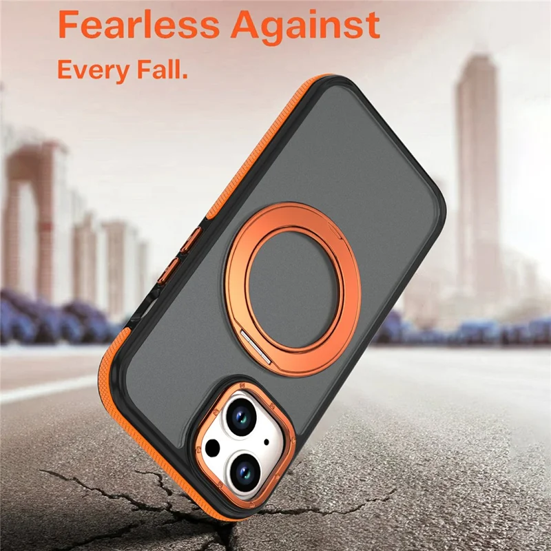 För iPhone 15 Magnetisk Skal Dubbel Färg Roterande Ring Fällbar Stativ PC + TPU Telefonhölje - Orange