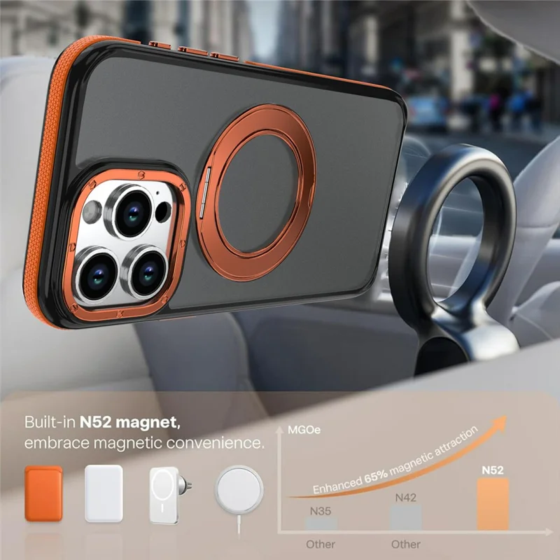 Voor iPhone 15 Pro Magnetische Hoes Dubbele Kleur Roterende Ring Standaard PC + TPU Telefoonhoes - Oranje