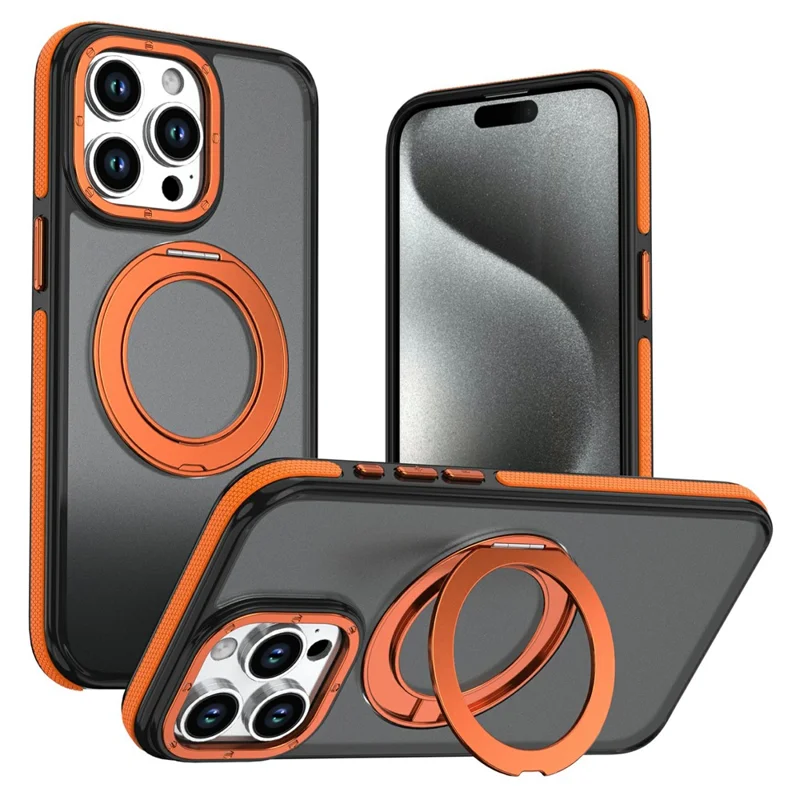 For iPhone 15 Pro Max Magnetic Case Double Color Rotating Ring Kickstand PC + TPU Phone Cover - Orange