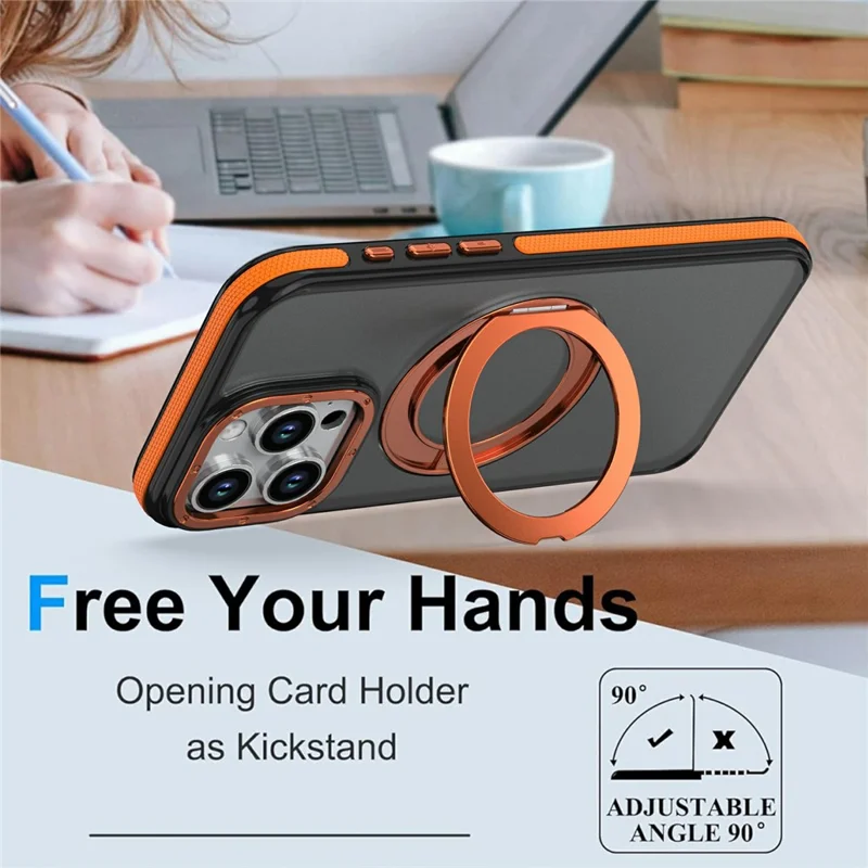 For iPhone 15 Pro Max Magnetic Case Double Color Rotating Ring Kickstand PC + TPU Phone Cover - Orange
