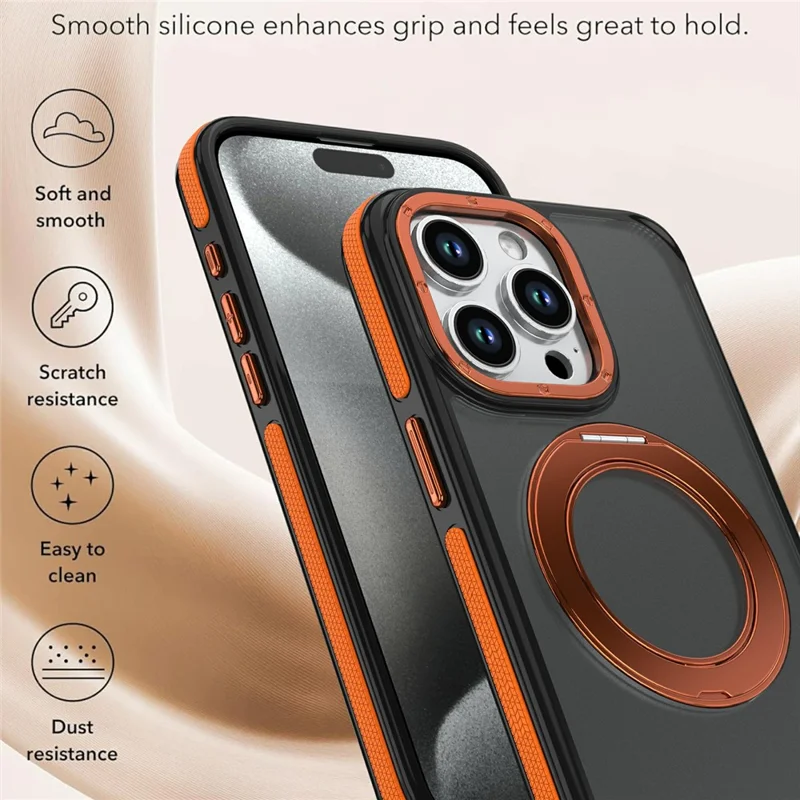 For iPhone 15 Pro Max Magnetic Case Double Color Rotating Ring Kickstand PC + TPU Phone Cover - Orange
