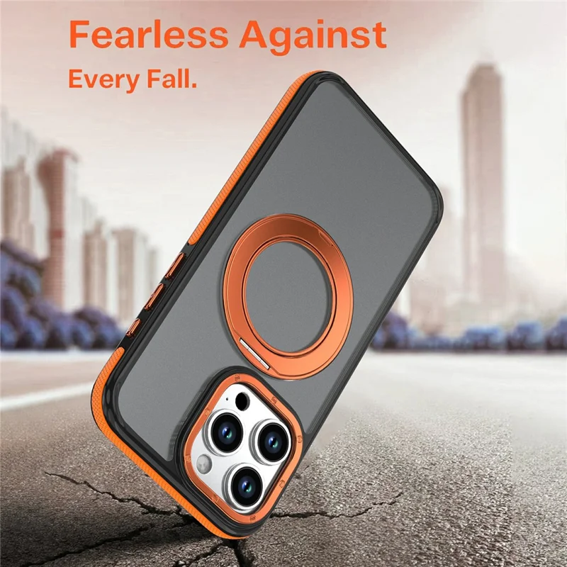 For iPhone 15 Pro Max Magnetic Case Double Color Rotating Ring Kickstand PC + TPU Phone Cover - Orange
