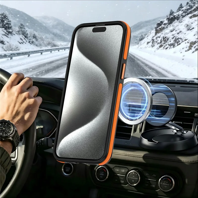 For iPhone 15 Pro Max Magnetic Case Double Color Rotating Ring Kickstand PC + TPU Phone Cover - Orange