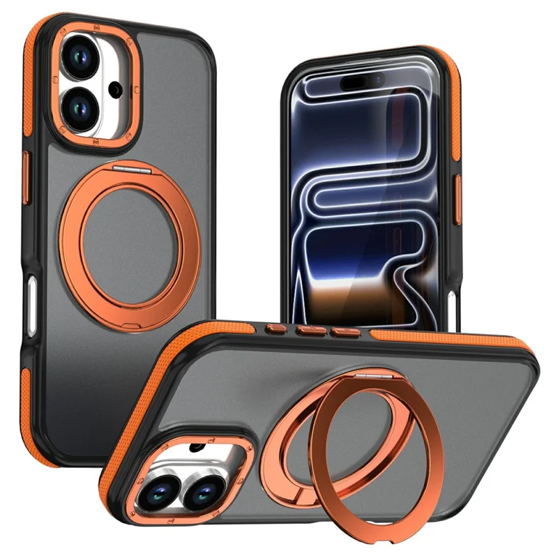 Voor iPhone 16 Magnetische Hoes Dubbele Kleur Draaibare Ring Stand PC + TPU Telefoonhoes - Oranje