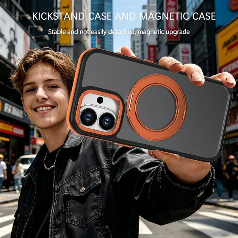 Voor iPhone 16 Magnetische Hoes Dubbele Kleur Draaibare Ring Stand PC + TPU Telefoonhoes - Oranje
